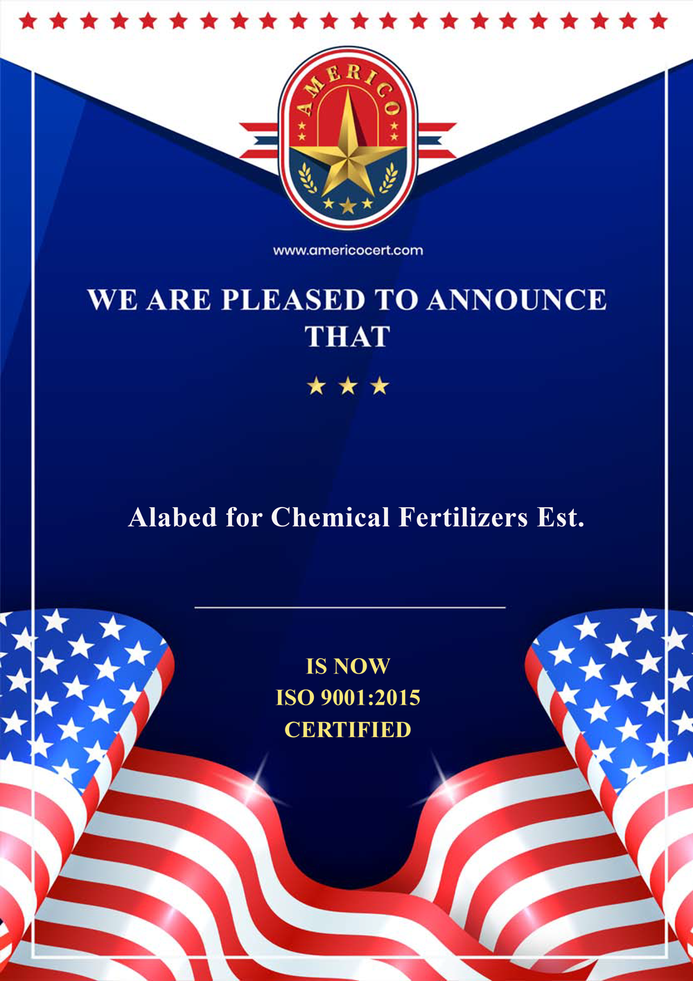 Alabed for chemical fertilizers Est. is now ISO-9001:2015 Certified