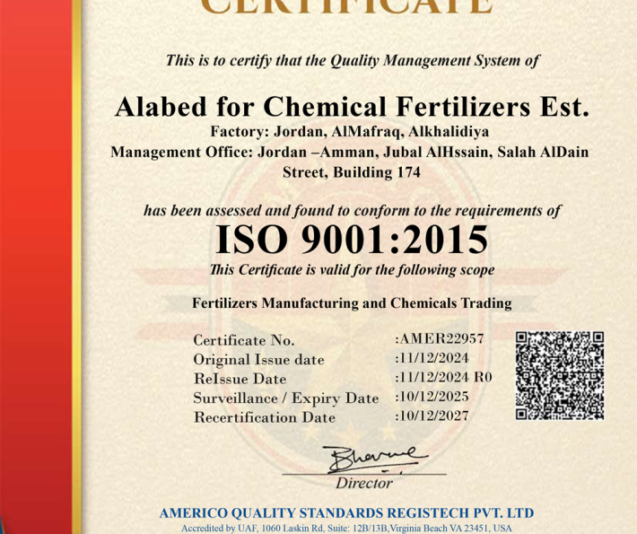 Alabed for chemical fertilizers Est. has been assessed and conform to the requirements of ISO-9001:2015