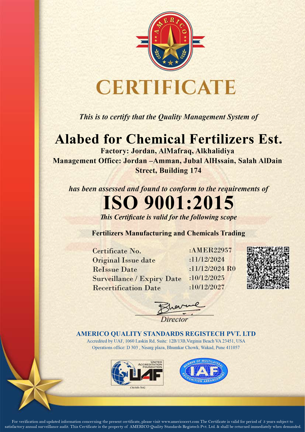 Alabed for chemical fertilizers Est. has been assessed and conform to the requirements of ISO-9001:2015